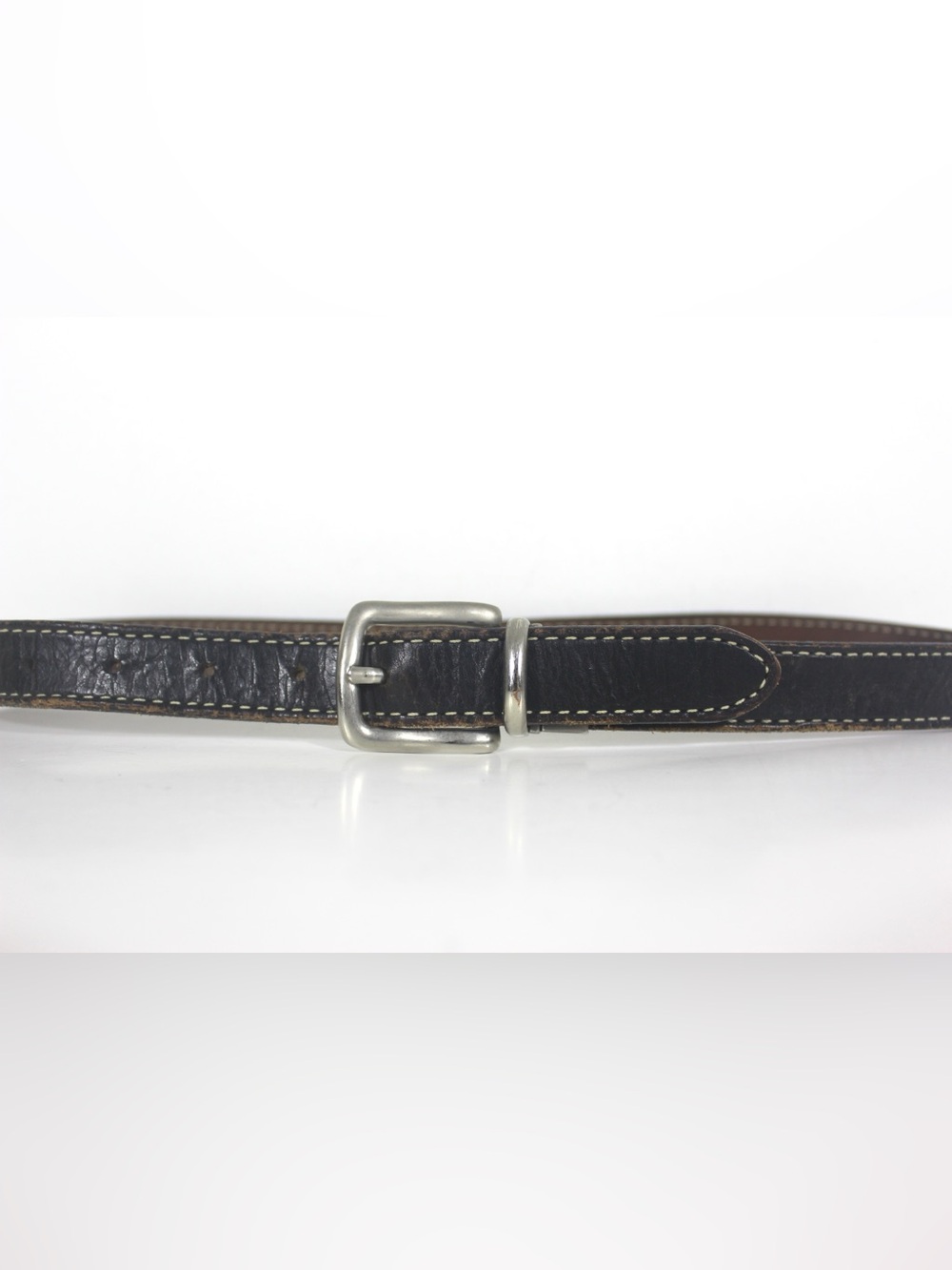 Reversible Black/Brown Leather Belt with Contrast Stitching and Silver Buckle
